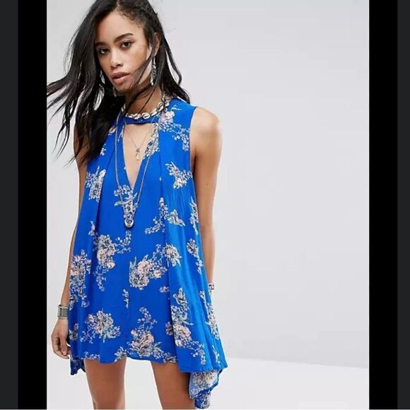 Free People Snap Out Of It Blue Floral Cutout Flowy Mini Dress - Picture 13 of 13